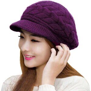 〽️Women’s Purple Winter Warm Knit Wool Snow Ski Hat with Visor